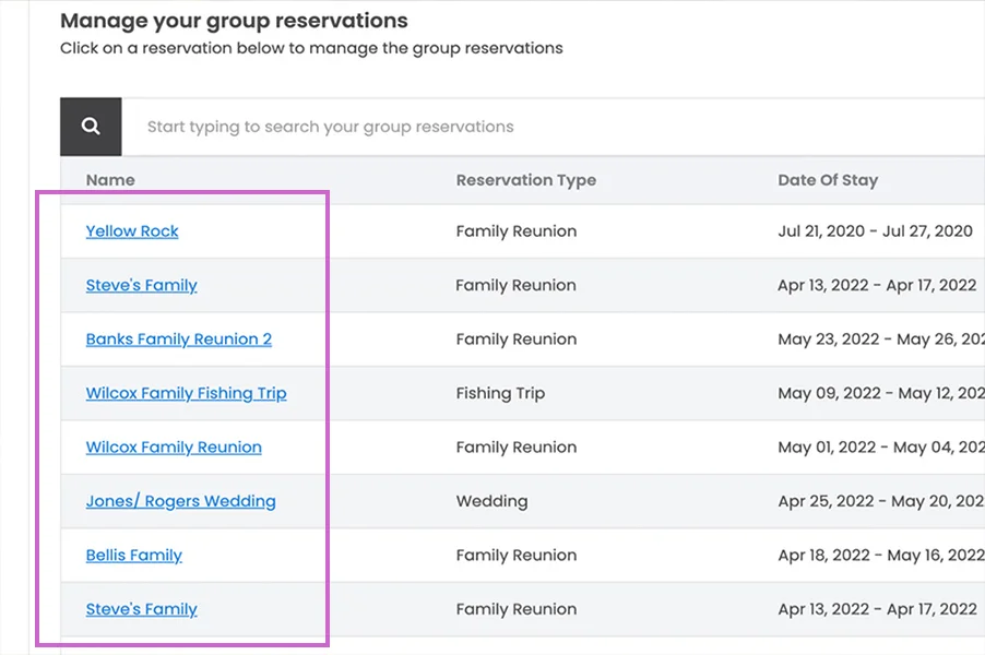 screenshot of group reservations organized screen