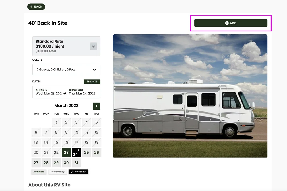 Booking of select RV site