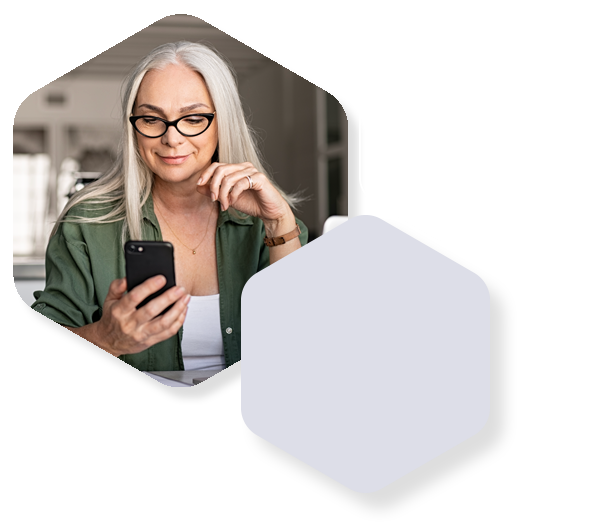 3 hexigon shapes, one with woman on iphone in it