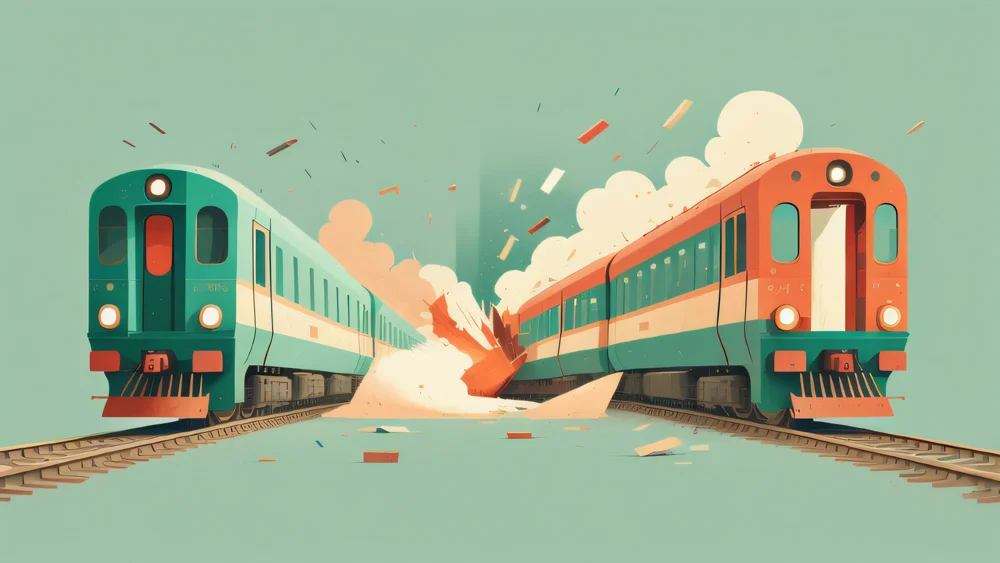 Illustration of two trains colliding