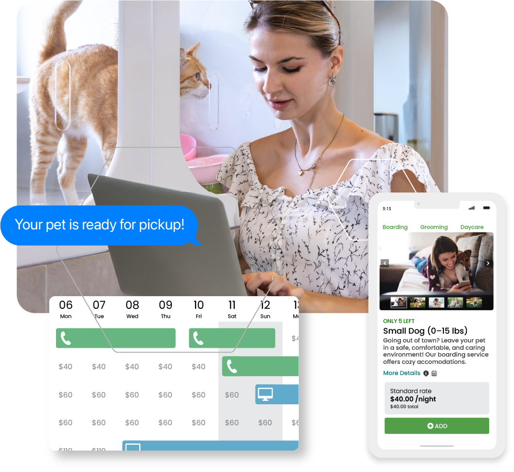 Collage of software screenshots and woman sending a text to a client