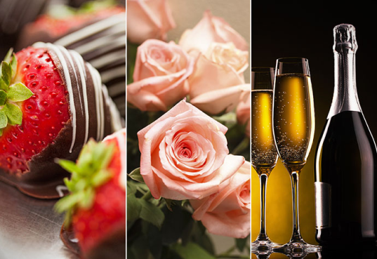 chocolate covered strawberries pink roses champagne