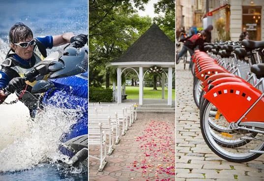 man riding jetski outdoor wedding pews and white gazebo row of rental bicycles