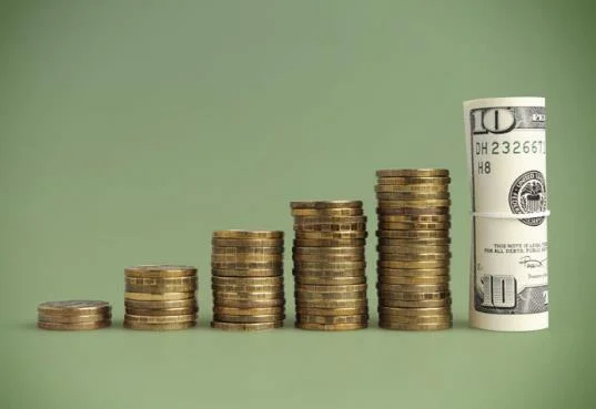 stacks of coins progressively taller then rolled cash bills