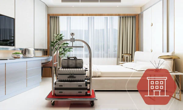 hotel room with luggage trolly