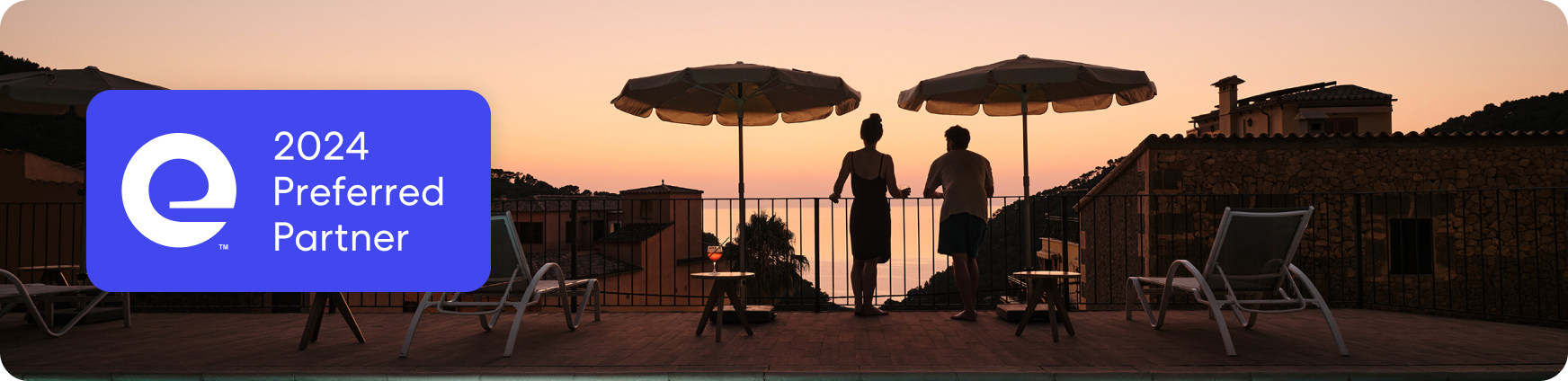 Expedia Preferred Partnership logo on image of couple in italy on balcony with sunset.