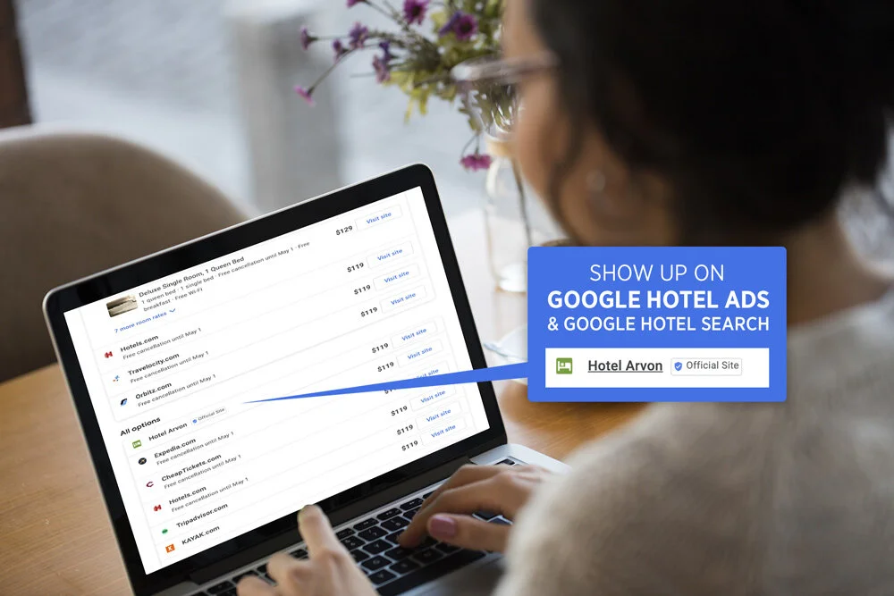 woman on laptop looking at google hotel search and ad