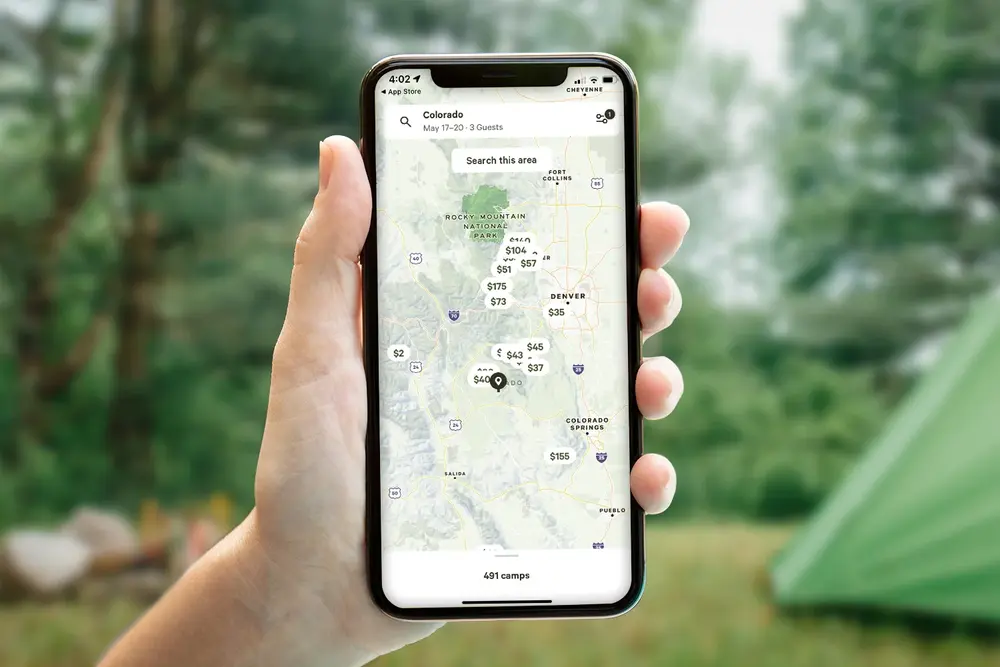 smart phone with map of campsites