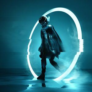 future woman stepping through portal