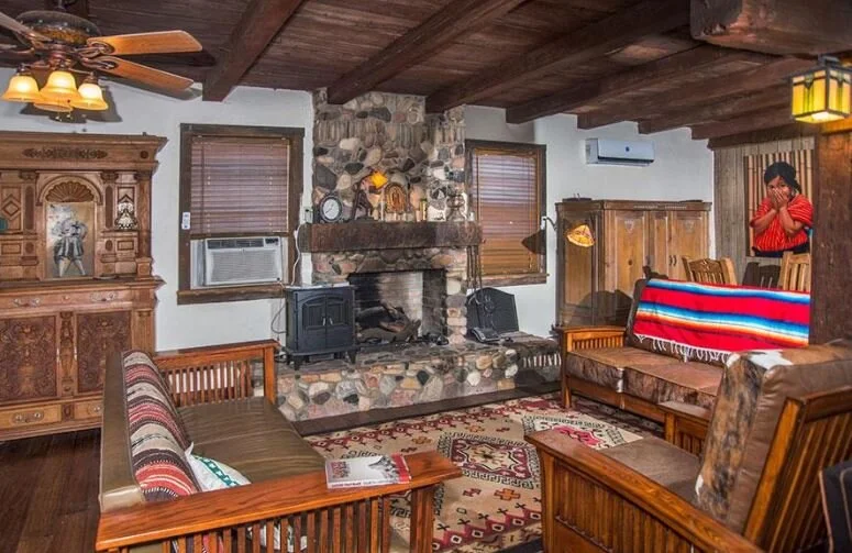 large cabin living room with fireplace